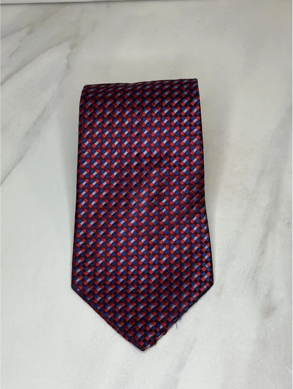Tommy Hilfiger classic red/burgundy/blue/lt blue micro check 100% silk tie